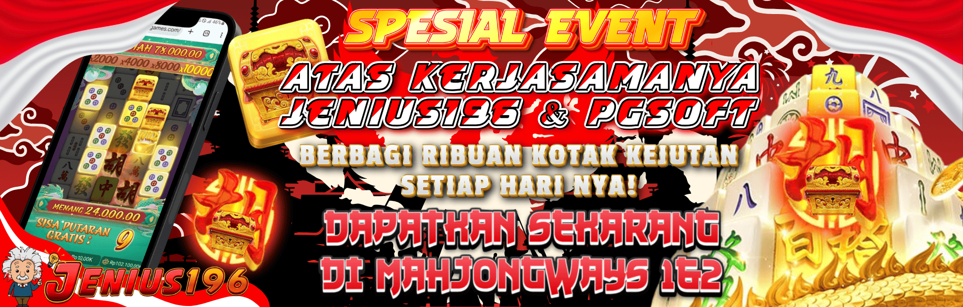 SPECIAL EVENT KERJASAMA JENIUS196 & PG SOFT DAPATKAN RIBUAN KOTAK KEJUTAN SETIAP HARINYA DI MAHJONG1